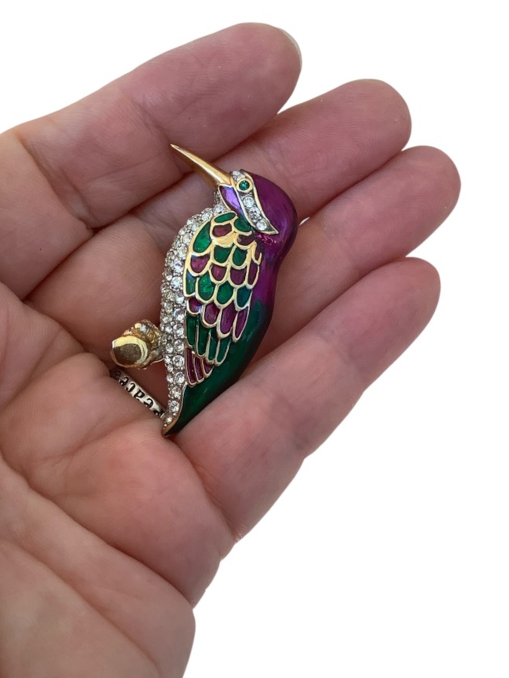 Vintage gold tone cubic zirconia Enamel Bird Brooch